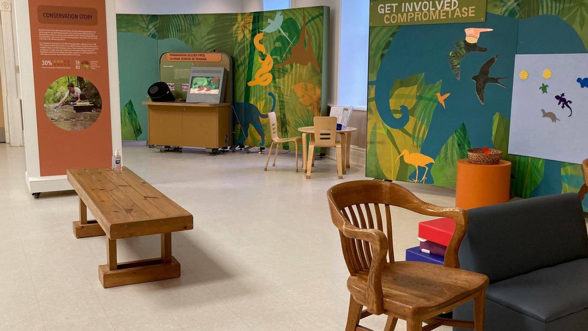 Bench, colouring table, felt board and other inactive activities. 