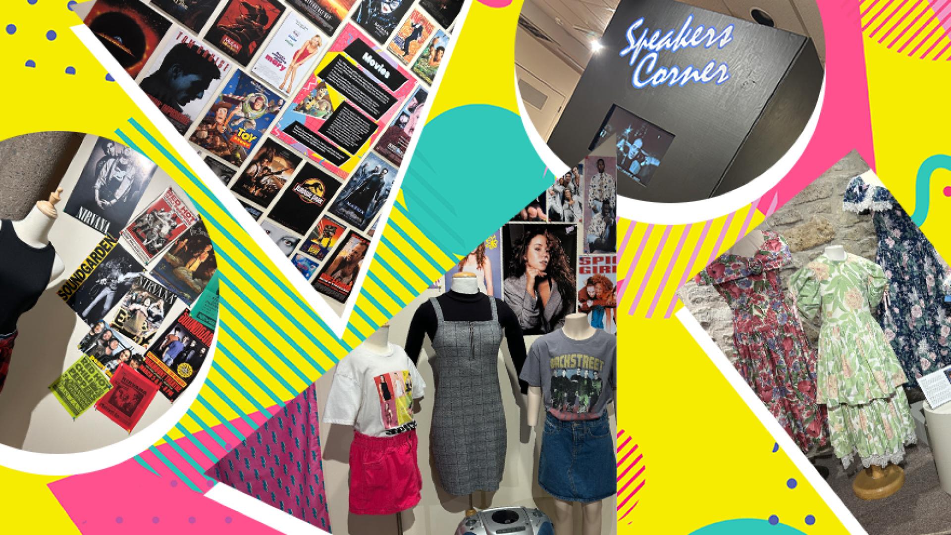 Collage of clothing and art from the 1990s.