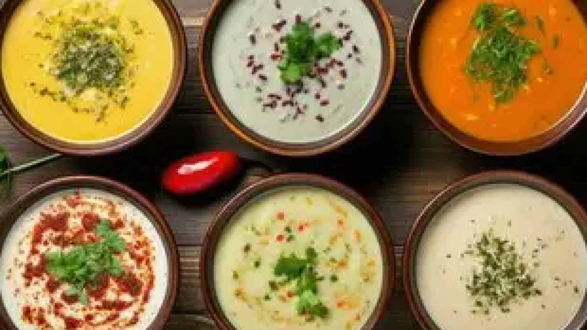 Six bowls filled with different coloured soups