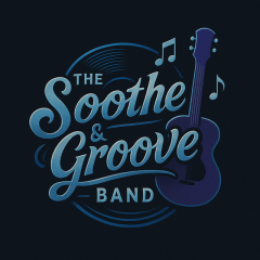 Band name with musical notes and guitar