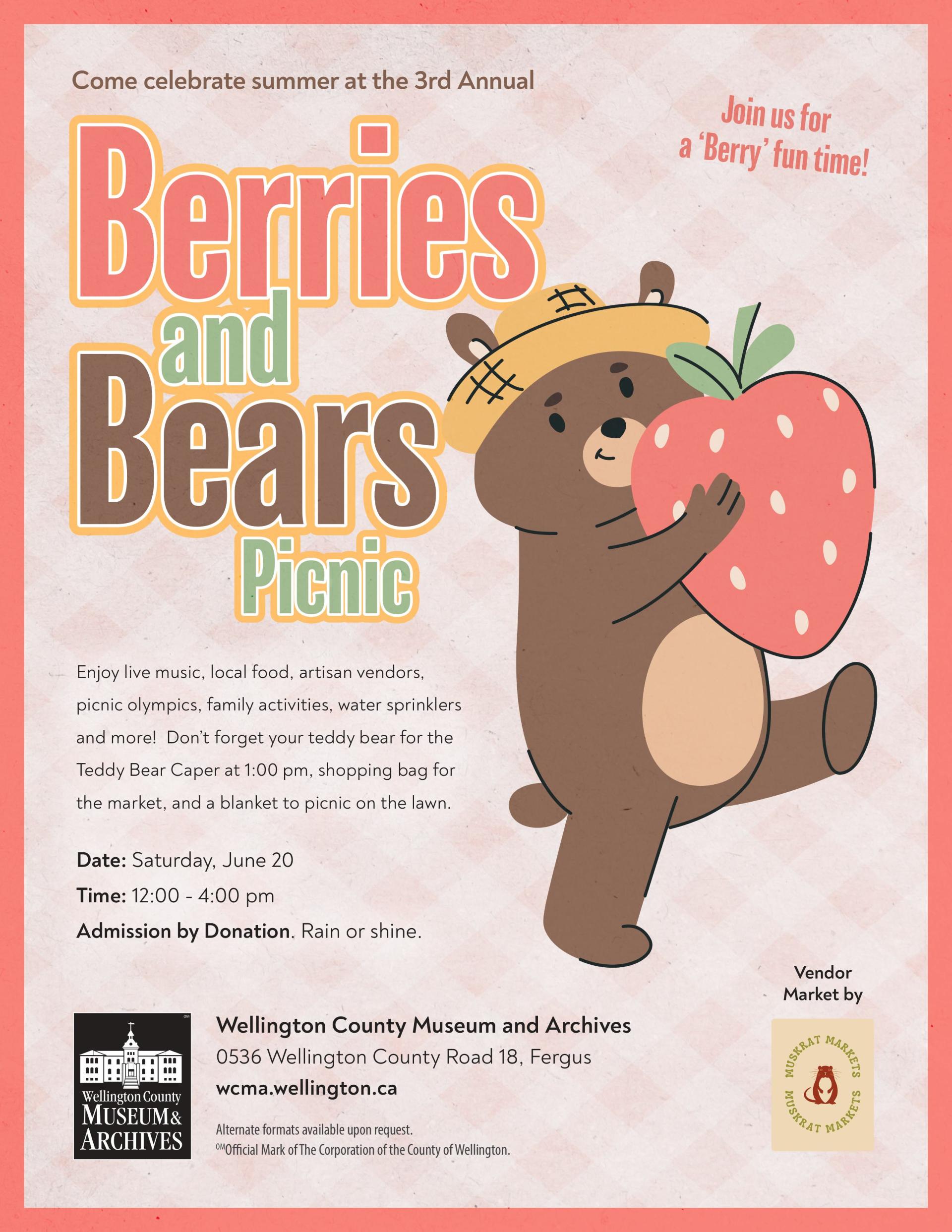 Poster for the event with a bear holding a giant strawberry. 